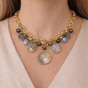 Gold Tone Agate Statement Necklace Stone Drop Collar Necklace Adjustable 16–20"
